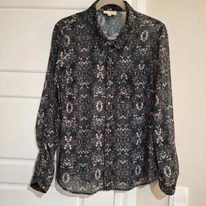 ModCloth Floral Button Up Shirt Womens L Roll Tab Sleeve Grunge Whimsigoth